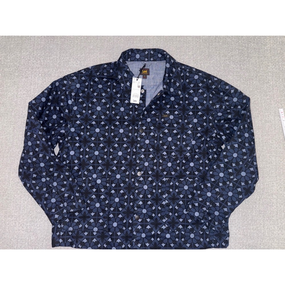 NWT Men's Lee Size L Blue Denim Geo Print Geometric Floral Chore Coat Snap Front